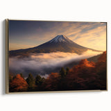 Framed canvas artwork showcasing a stunning volcano landscape design with vibrant colors and a gold frame, perfect for adding an artistic flair to any room.
