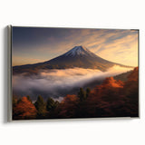Framed canvas wall art featuring a stunning volcanic landscape design with vibrant colors and a silver frame, ideal for modern home decor and art enthusiasts.