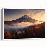 Framed canvas wall art showcasing a vibrant volcano landscape design with rich colors, set against a white background, perfect for home decor enhancement.