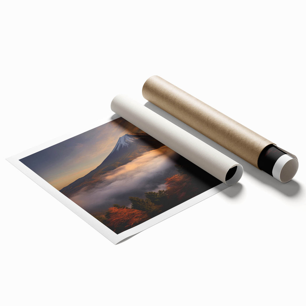 Vibrant volcanic landscape wall art print showcasing rich reds and oranges against a dark sky, rolled for easy shipping and display. Perfect for home decor.