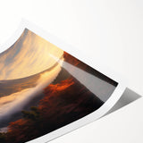 Vibrant rolled print of a majestic volcano landscape, showcasing rich colors and dramatic textures, ideal for home decor and art enthusiasts.