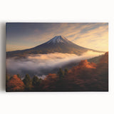 Vibrant stretched canvas artwork depicting a colorful volcano landscape with dramatic clouds, perfect for home decoration and enhancing interior aesthetics.