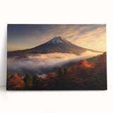Vibrant, modern stretched canvas wall art depicting a dramatic volcano landscape, featuring rich colors of orange and black, ideal for home decor and artistic ambiance.