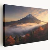 Stretched canvas artwork depicting a vibrant landscape featuring a volcano against a sunset backdrop, showcasing rich colors and dramatic textures perfect for home decor.