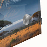 Close-up of a vibrant acrylic glass wall art piece showcasing a stunning volcano landscape design, featuring bold colors and intricate details, ideal for home decor.