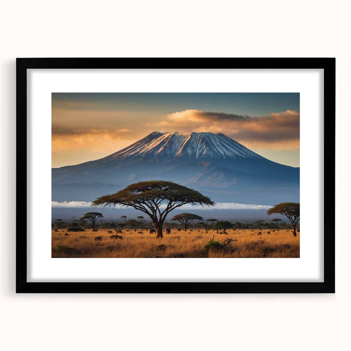 Framed wall art collection showcasing a vibrant volcano landscape design, featuring a black frame and mat for an elegant presentation, perfect for home decor.