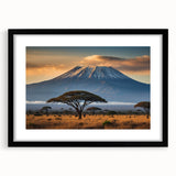 Framed wall art collection showcasing a vibrant volcano landscape design, featuring a black frame and mat for an elegant presentation, perfect for home decor.
