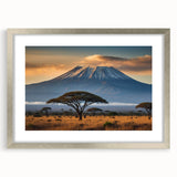 Framed wall art collection depicting a vibrant volcano landscape design, featuring a silver mat and frame, ideal for enhancing modern home decor.