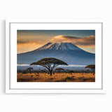 Framed wall art featuring a vibrant volcanic landscape design in shades of orange and black, complemented by a white mat and frame, ideal for modern home decor.