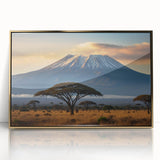 Framed acrylic wall art showcasing a stunning volcano landscape design in vibrant colors, accented with a gold frame. Perfect for modern home decor.