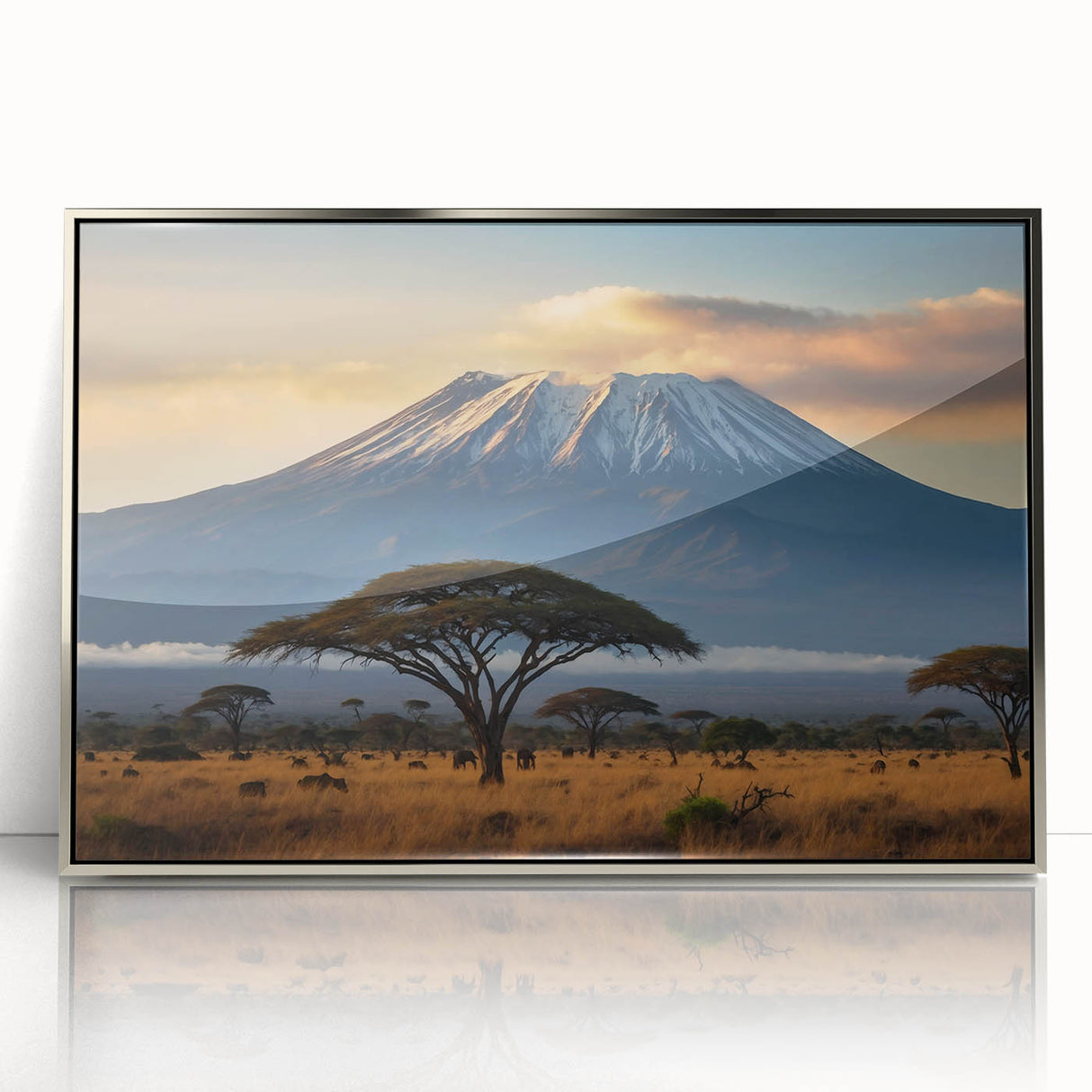 Framed acrylic wall art featuring a vibrant volcano landscape design with a silver frame, ideal for adding a dramatic touch to home decor.