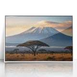 Framed wall art featuring a stunning volcano landscape design, showcasing vibrant colors and intricate details, mounted in a sleek white frame for modern decor.