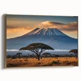 Framed canvas wall art showcasing a vibrant volcano landscape design with gold accents, set against a dark background, ideal for modern home decor.