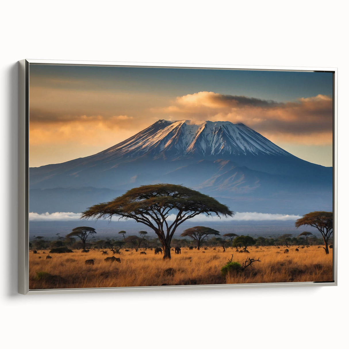 Framed canvas wall art depicting a dramatic volcano landscape with vivid colors, set in a sleek silver frame, perfect for modern home decor.