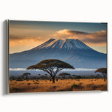 Framed canvas wall art depicting a dramatic volcano landscape with vivid colors, set in a sleek silver frame, perfect for modern home decor.