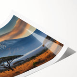 Vibrant abstract wall art print showcasing a volcanic landscape in rich reds and oranges, rolled and ready for framing, ideal for modern decor enthusiasts.