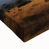 Close-up of a vibrant stretched canvas featuring a stunning volcano landscape design, showcasing rich colors and intricate details, ideal for home decor enthusiasts.