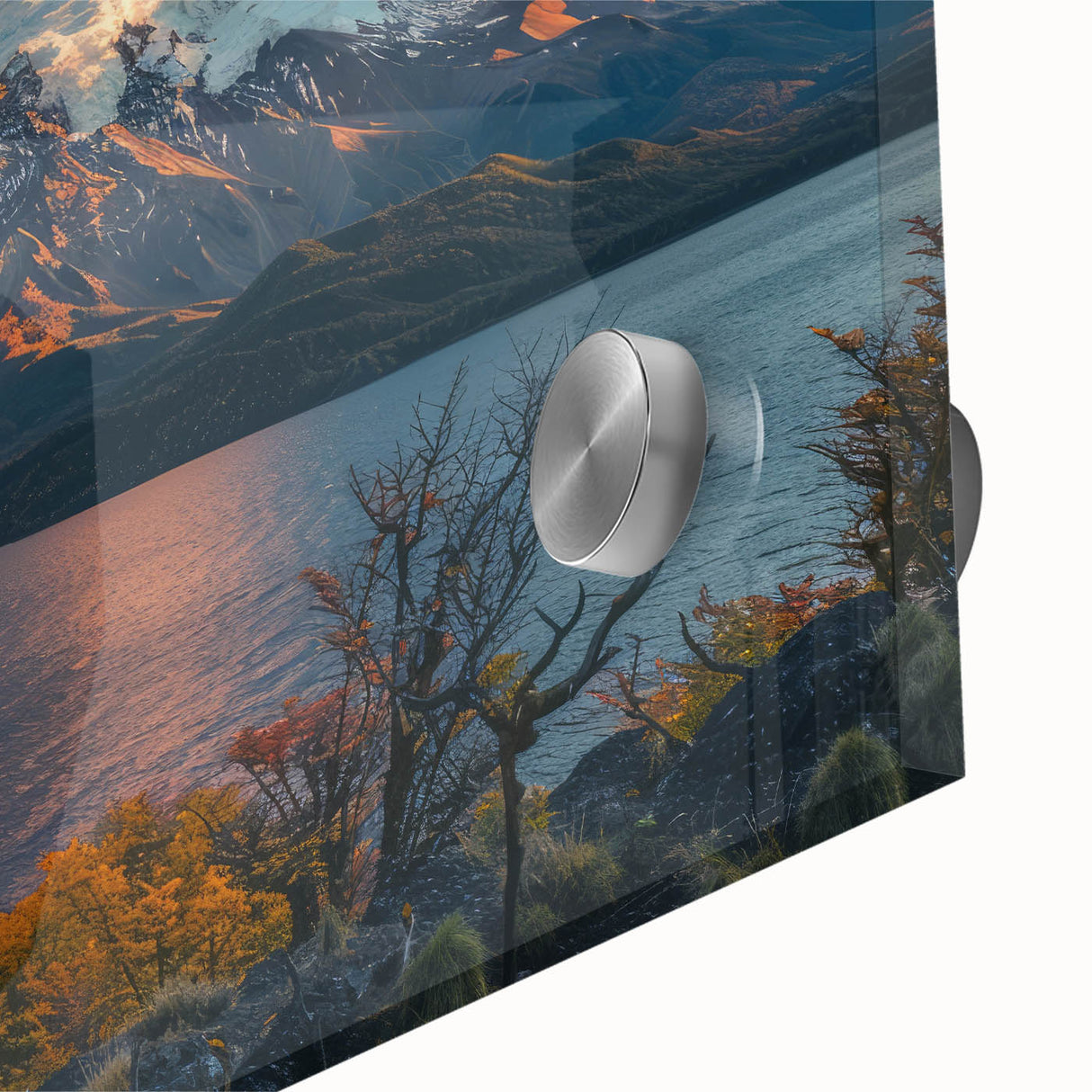 Close-up view of a vibrant acrylic wall art piece featuring a dramatic volcano landscape, showcasing vivid colors and intricate details, perfect for modern home decor.