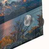 Close-up view of a vibrant acrylic wall art piece featuring a dramatic volcano landscape, showcasing vivid colors and intricate details, perfect for modern home decor.