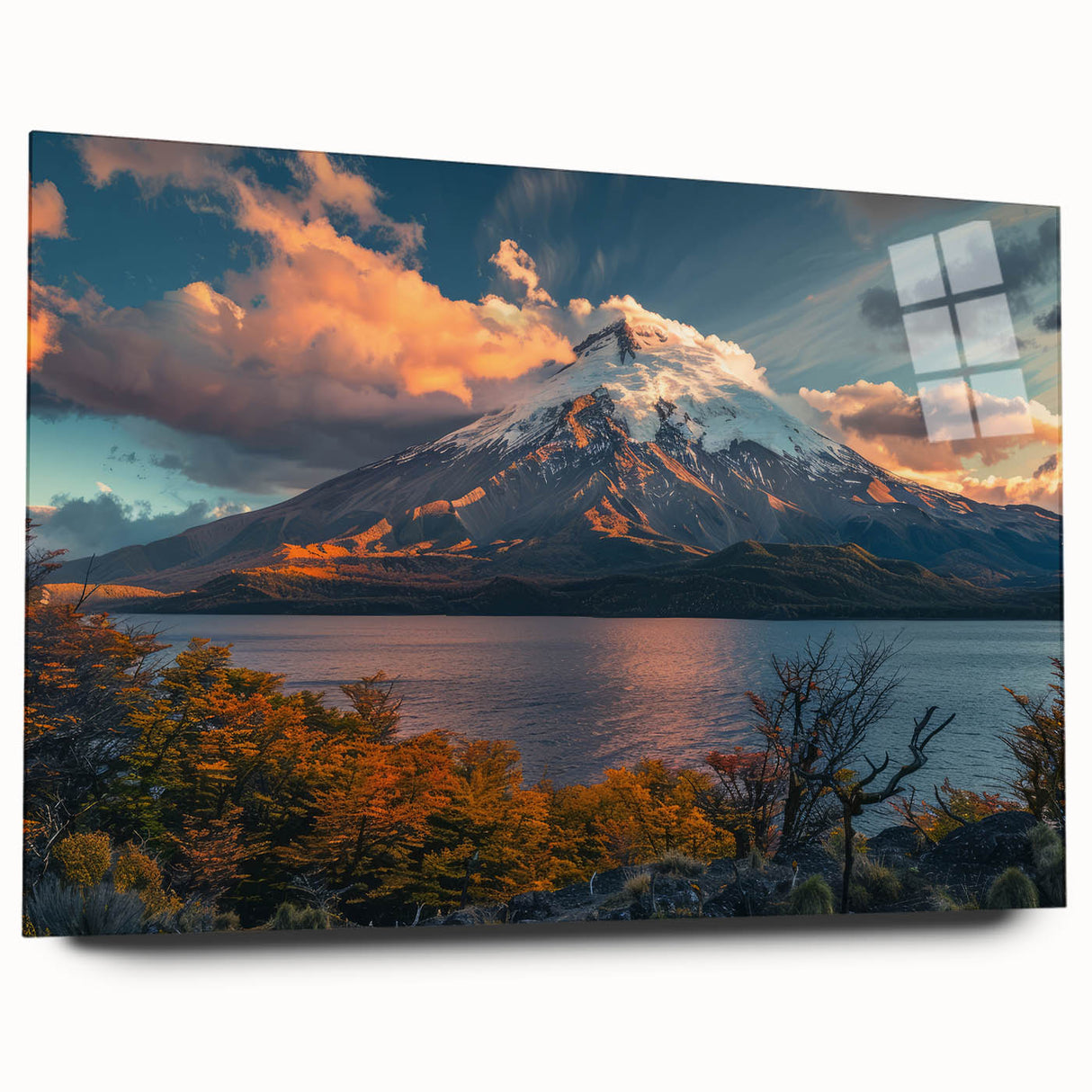Acrylic wall art collection showcasing a vibrant volcano landscape design in a sleek side view display. Ideal for modern decor, enhancing any space with bold colors.
