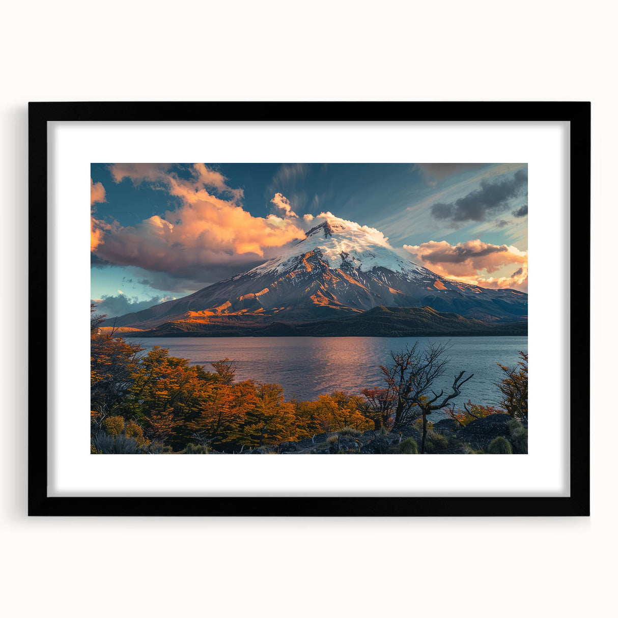 Black-framed wall art showcasing a vibrant volcano landscape design, featuring rich colors and intricate details, perfect for enhancing home decor aesthetics.