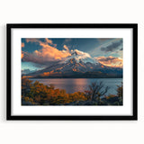Black-framed wall art showcasing a vibrant volcano landscape design, featuring rich colors and intricate details, perfect for enhancing home decor aesthetics.