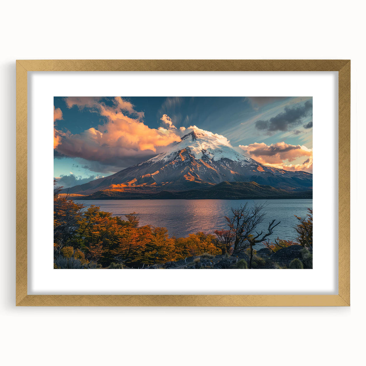 Framed wall art depicting a vibrant volcano landscape, featuring rich colors and intricate details, presented with a gold mat and frame to enhance its beauty.