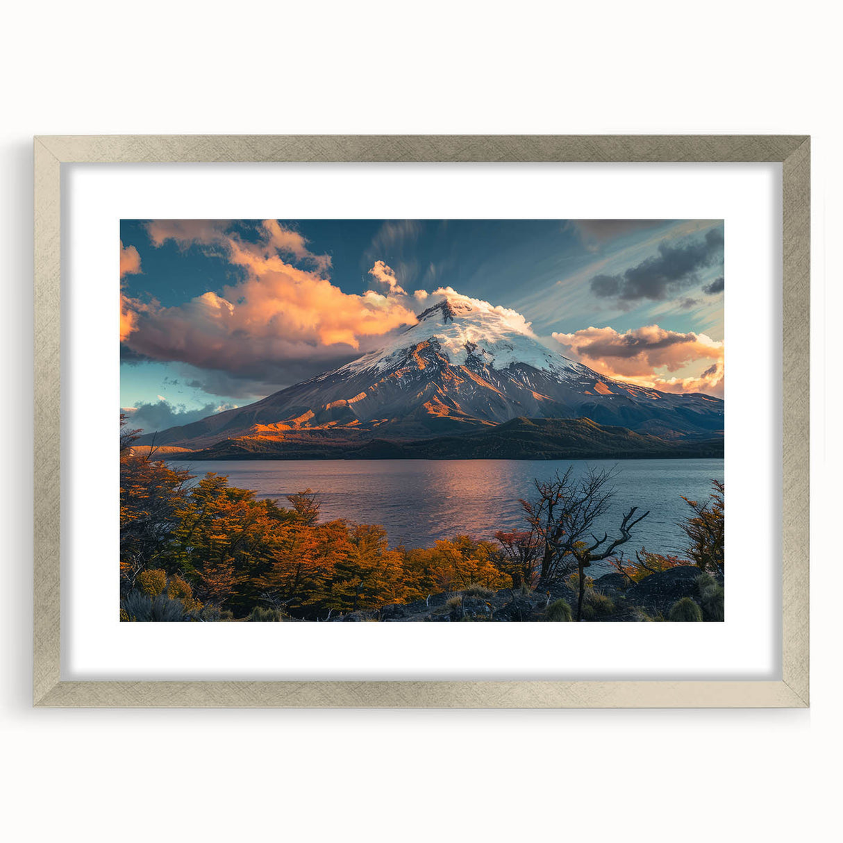 Framed wall art collection showcasing a vibrant volcano landscape design with a silver mat, perfect for enhancing modern home decor. The artwork captures the dynamic colors of the volcanic scene, adding a touch of nature-inspired elegance to any room.