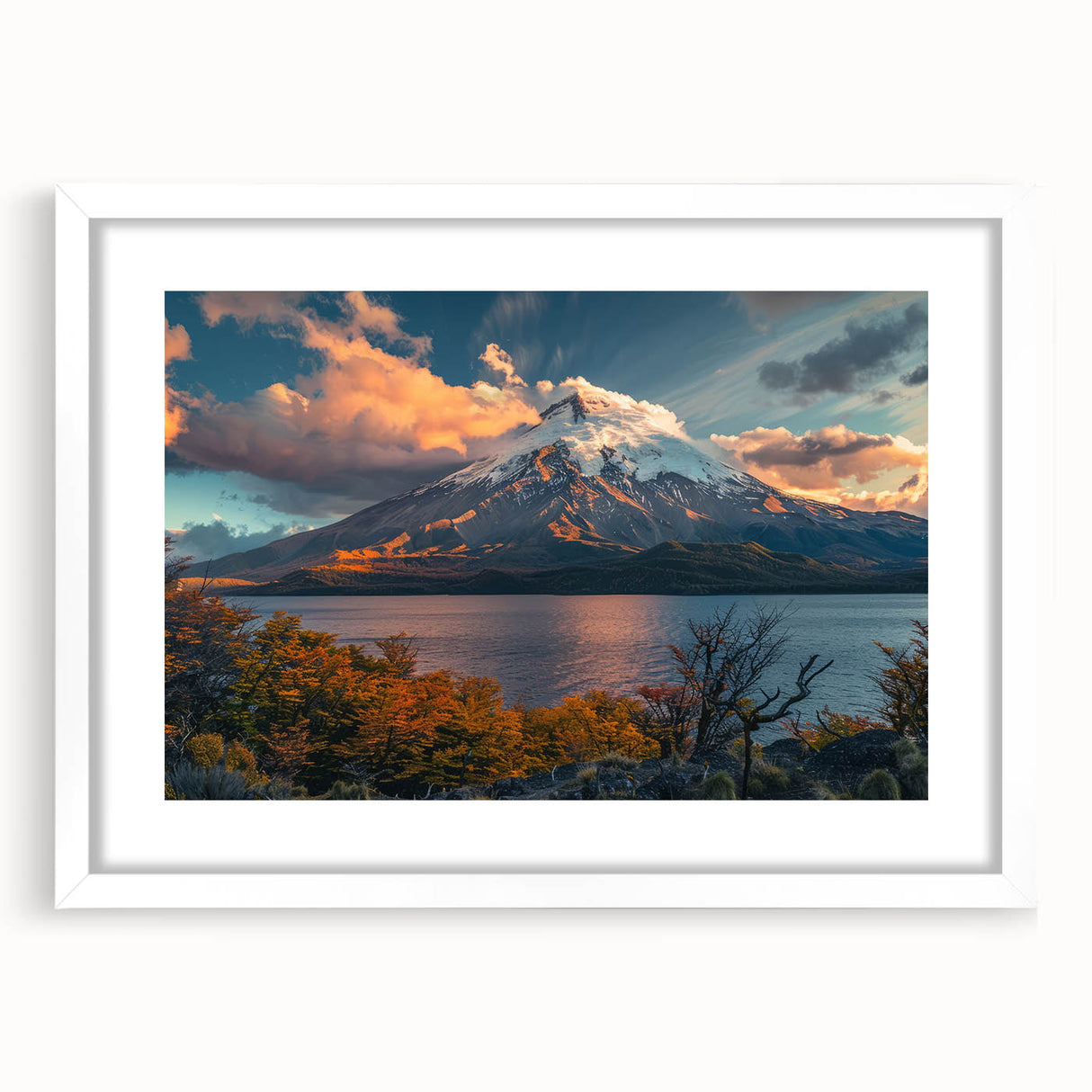 Framed wall art featuring a stunning volcanic landscape design with a white mat, perfect for home decor, showcasing vibrant colors and dynamic textures.