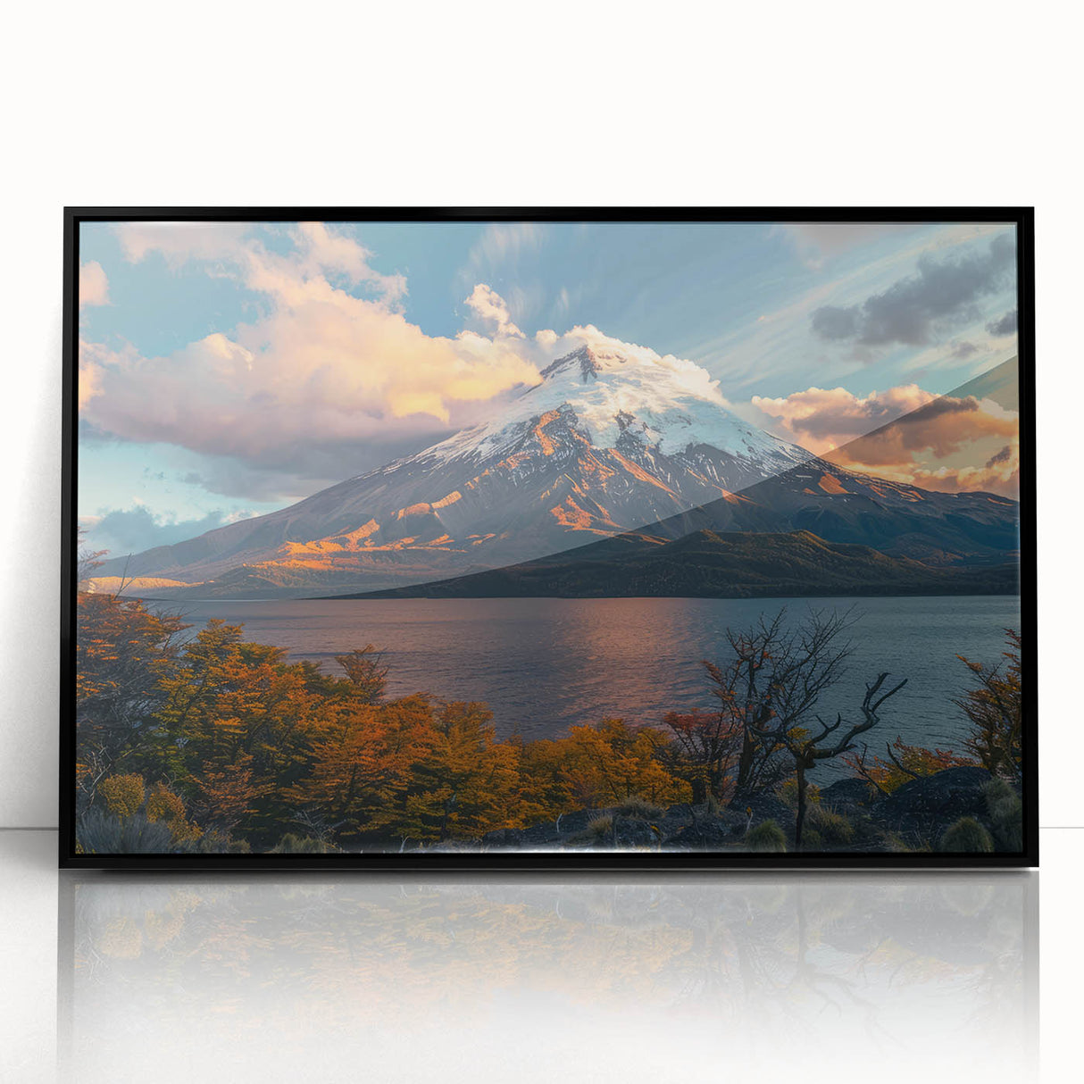 Framed acrylic wall art showcasing a vibrant volcano landscape design, featuring rich colors and dramatic details, perfect for modern home decor.