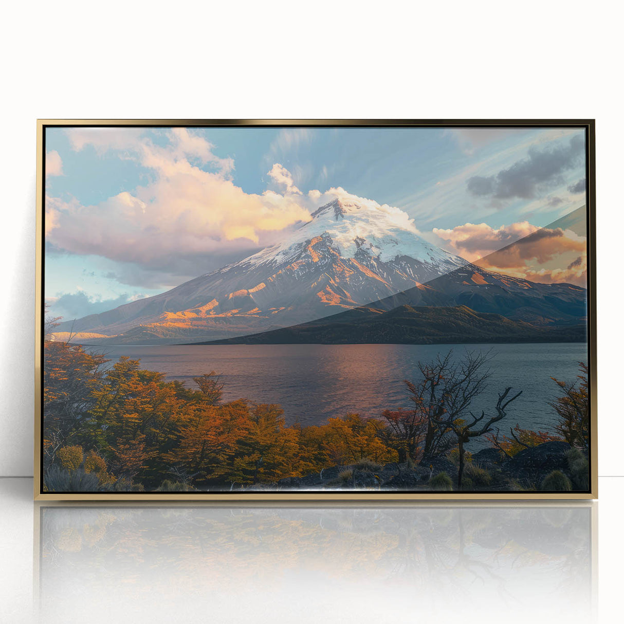Framed acrylic wall art featuring a vibrant volcano landscape design with gold accents, ideal for modern decor. Perfect for adding a touch of nature-inspired elegance to any room.
