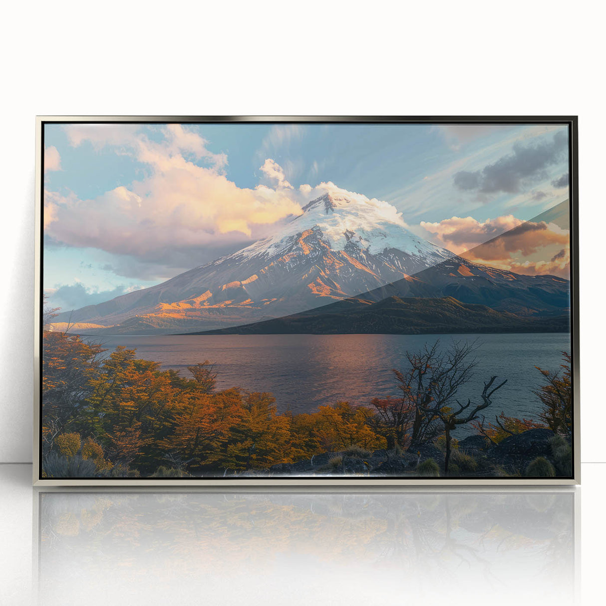 Framed acrylic wall art featuring a striking volcano landscape design, showcasing vibrant colors and intricate details, perfect for enhancing modern home decor.