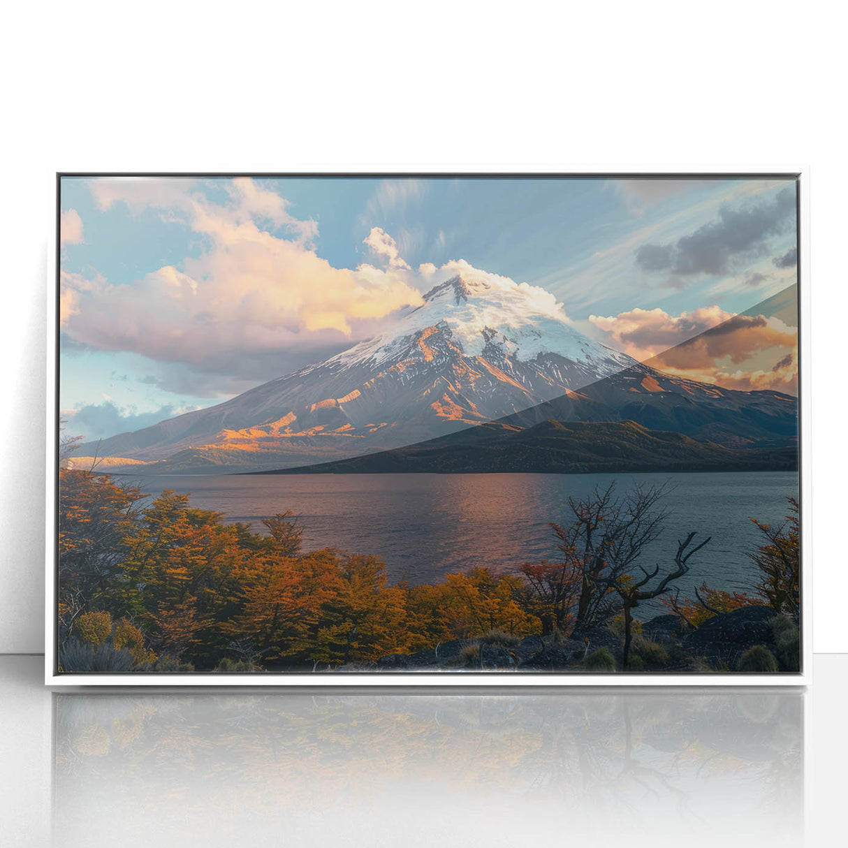 Framed acrylic wall art showcasing a vibrant volcano landscape design, set against a sleek white background, perfect for modern home decor accents.