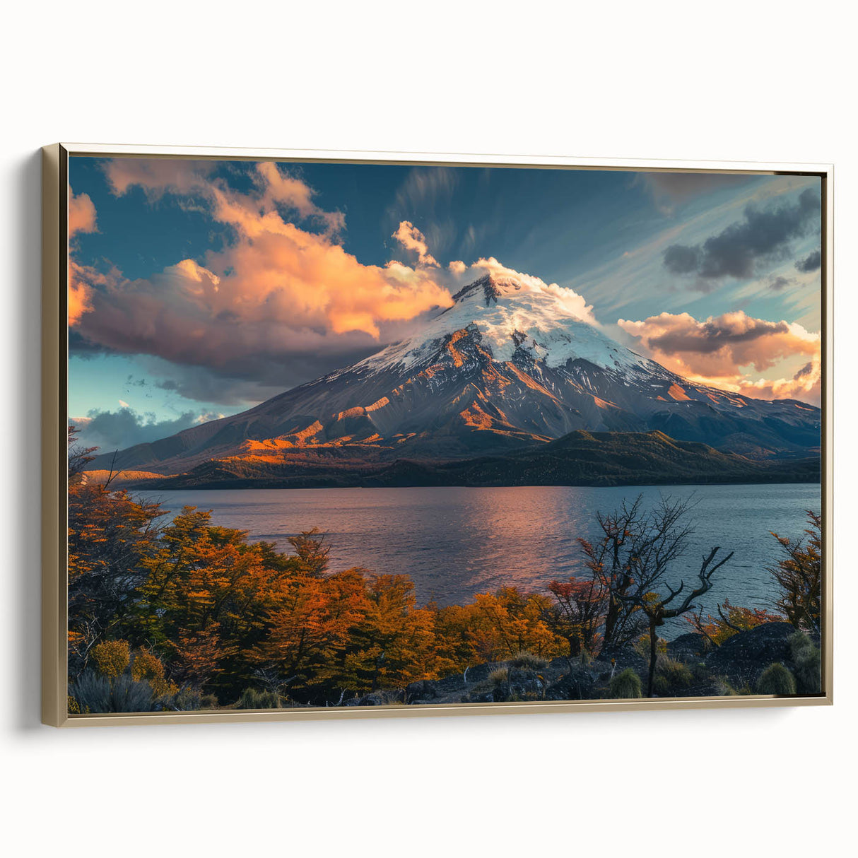 Framed canvas wall art featuring a stunning volcano landscape design with vibrant colors and gold accents, perfect for adding a dramatic touch to any room decor.