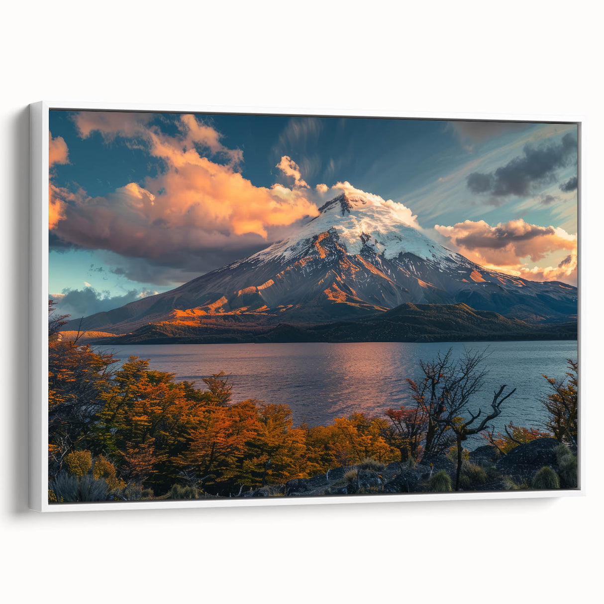 Framed canvas wall art featuring a vibrant volcano landscape design, showcasing rich colors and dynamic textures, ideal for enhancing modern home decor.