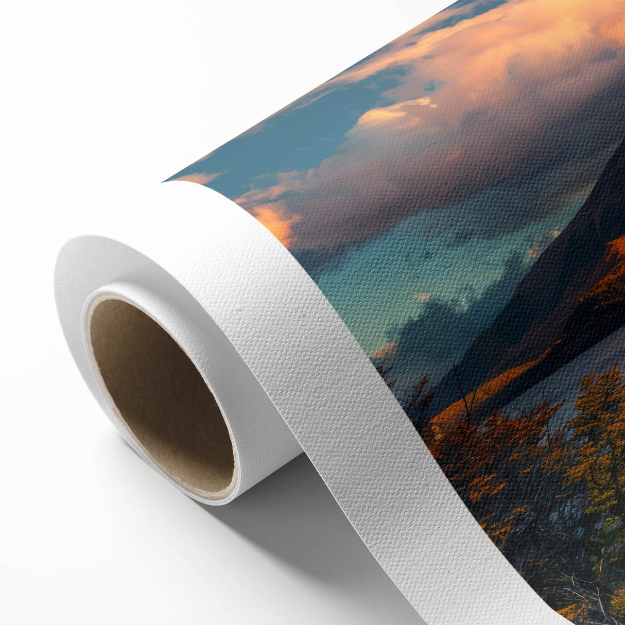 Rolled canvas artwork showcasing a vibrant volcanic landscape design in bold colors, ideal for home decor, presented in a protective cardboard tube.