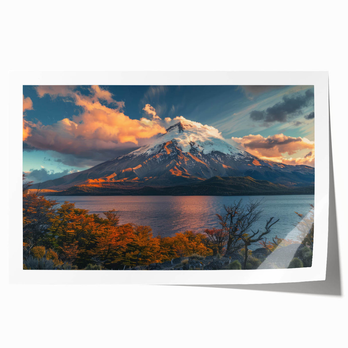 Rolled print showcasing a vibrant landscape of a volcano under a dramatic sunset, perfect for home decor enthusiasts. Ideal for adding a touch of natural beauty to any interior space.