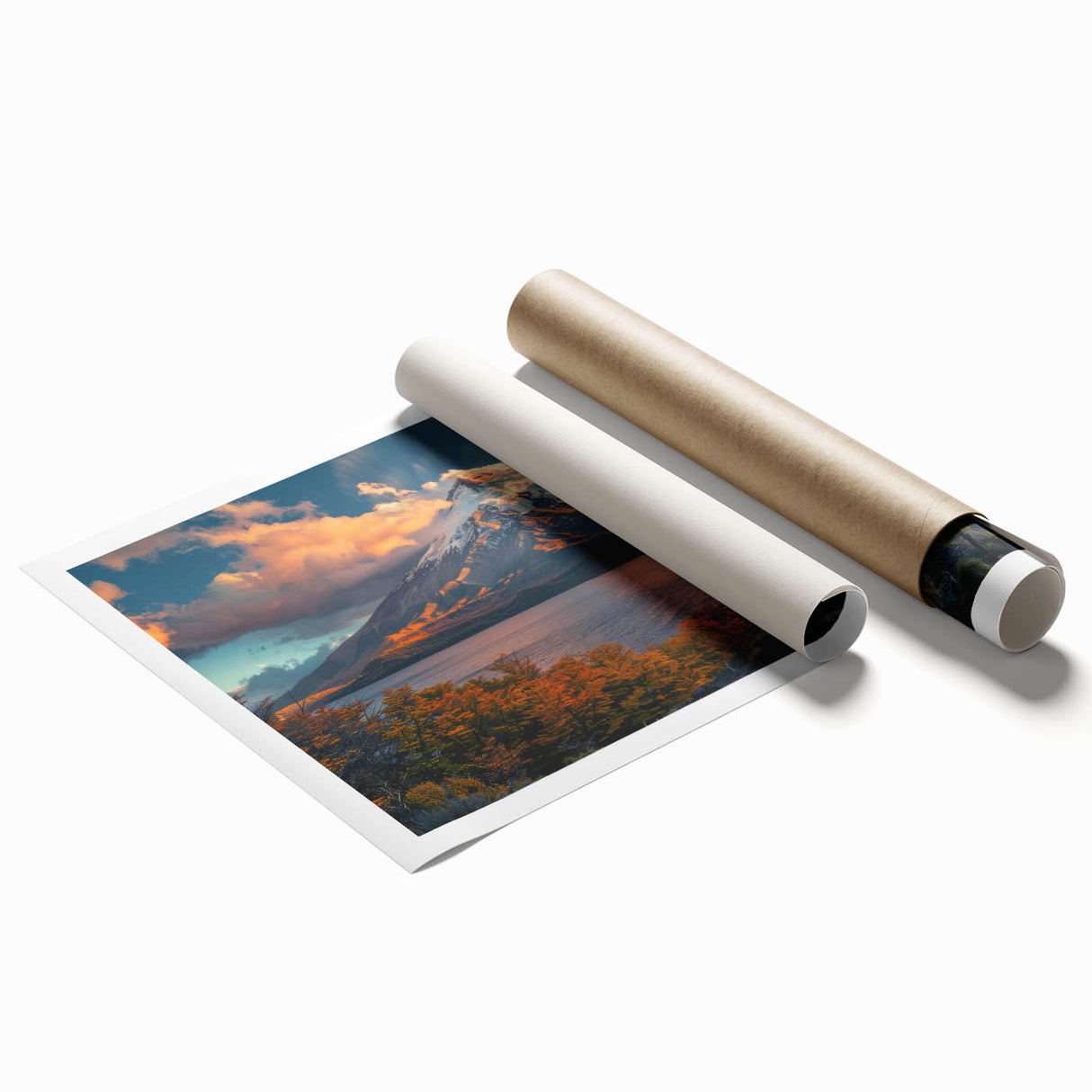 Vibrant rolled print showcasing a stunning volcanic landscape design, featuring rich colors and intricate details, packaged securely in a protective cardboard tube. Ideal for home decor enthusiasts seeking unique wall art that captures the beauty of nature.