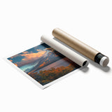 Vibrant rolled print showcasing a stunning volcanic landscape design, featuring rich colors and intricate details, packaged securely in a protective cardboard tube. Ideal for home decor enthusiasts seeking unique wall art that captures the beauty of nature.