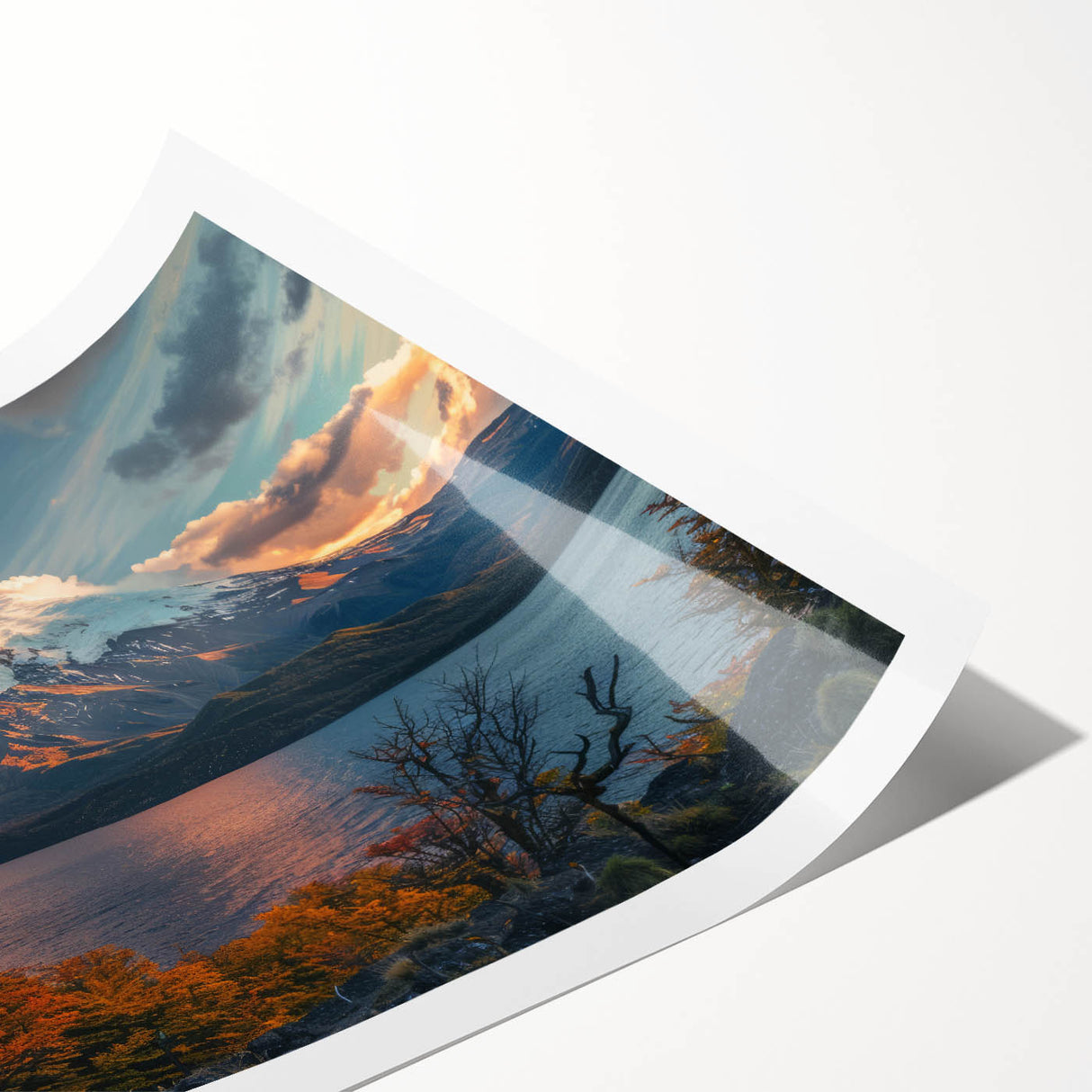 Vibrant rolled print of a volcano landscape design, showcasing dramatic colors and textures, ideal for enhancing interior decor. Packaged securely in a cardboard tube.
