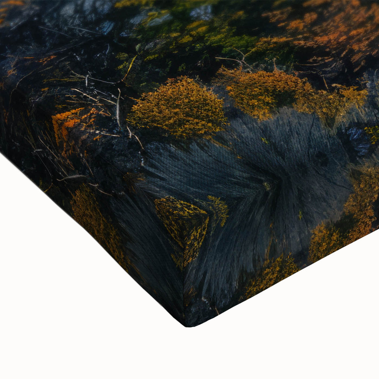 Vibrant close-up of a stretched canvas wall art showcasing a dramatic volcanic landscape with rich colors and intricate details, perfect for home decor.