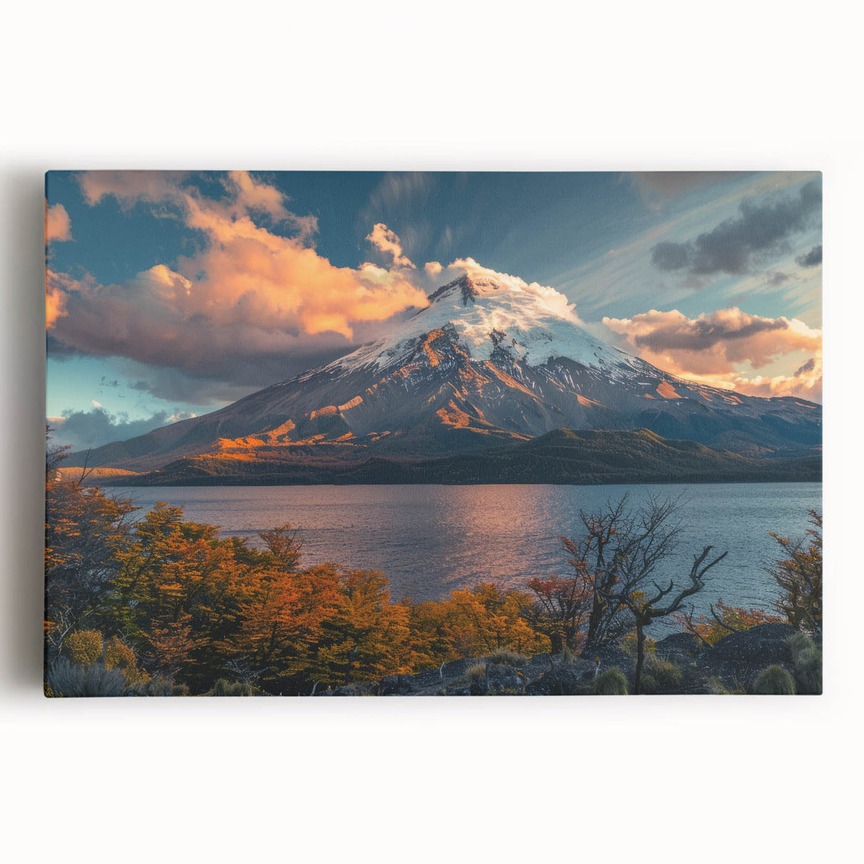 Stretched canvas wall art featuring a vibrant volcano landscape design in bold colors, capturing the dramatic eruption against a sunset backdrop, ideal for home decor.
