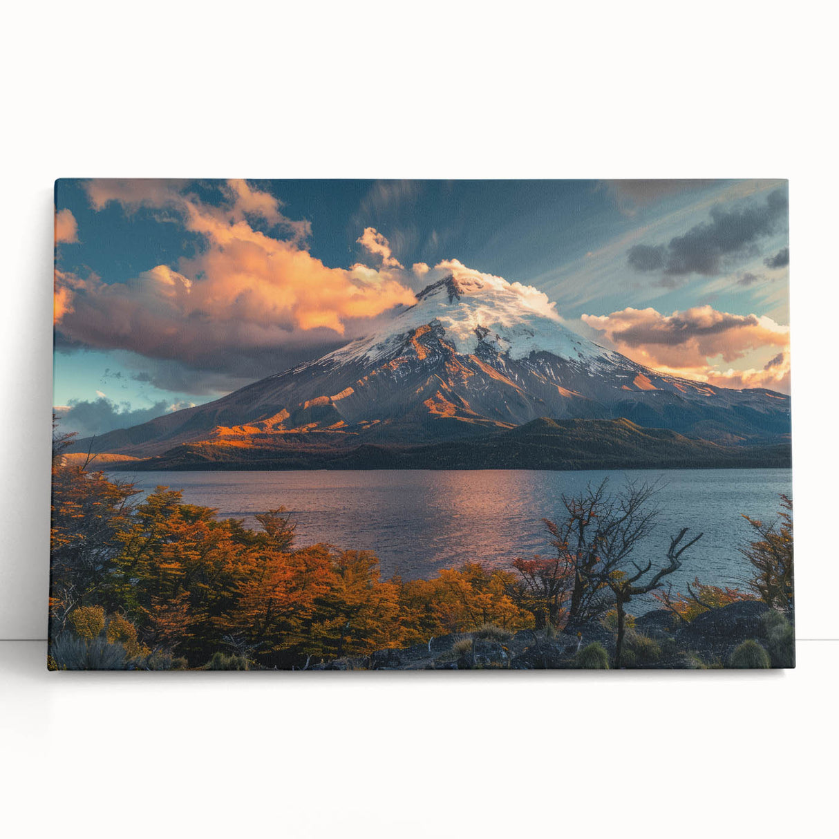 Stretched canvas wall art showcasing a vibrant volcano landscape, featuring rich colors and dramatic textures, perfect for enhancing modern home decor.