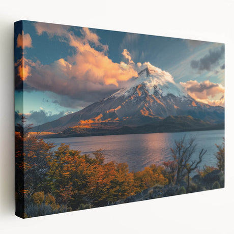 Stretched canvas wall art featuring a vibrant landscape design of a volcano surrounded by lush greenery, ideal for home decor or office spaces.