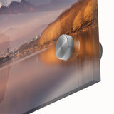 Close-up of a vibrant acrylic glass wall art piece depicting a colorful volcano landscape, showcasing rich hues of red, orange, and yellow against a deep blue sky. Ideal for modern home decor, this artwork adds a striking visual element to any space.