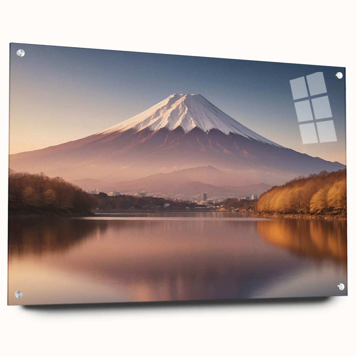 Acrylic glass wall art showcasing a vibrant volcano landscape design, featuring striking colors and detailed textures, displayed in a side view with decorative pins.