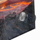 Close-up of vibrant acrylic wall art depicting a colorful volcano landscape, showcasing intricate details and textures, ideal for modern home decor.