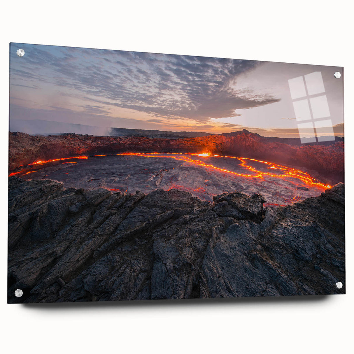 Acrylic glass wall art collection showcasing a vibrant volcano landscape design, displayed in a side view with decorative pins, enhancing modern home decor.