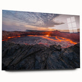 Side view of an acrylic glass wall art piece showcasing a vibrant volcano landscape design, featuring bold colors and intricate details, perfect for modern decor.