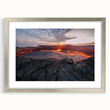 Framed landscape wall art showcasing a vibrant volcano design with a silver mat, ideal for home decor. Perfect for adding a touch of nature elegance to any space.